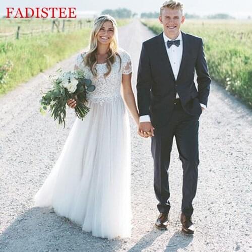 Boho Robe De Mariee Vestido Novia Wedding Dress Lace Appliques Short Sleeves Robe De Soiree Simple Bride To Be