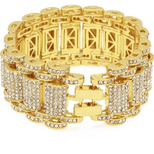 New Fashion Charm Hip Hop Full Rhinestones Bling Iced Rapper Bracelet Watch Band Link Chain Bracelets Bangles for Men Jewelry