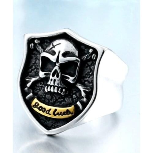 Stainless Steel Biker Skull Unique Punk Men GOOD LUCK Ring Jewelry