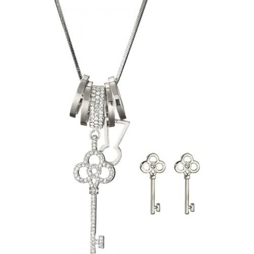 Crystal Key Pendant Necklaces & Earrings Set for Women Fashion Jewelry Gold Color Multi Circles Charms Long Chain Necklace Gift