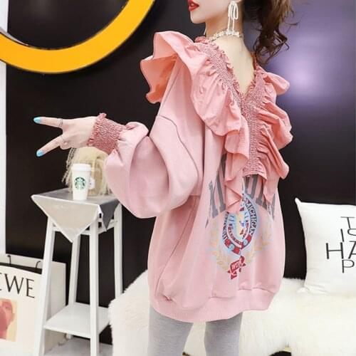 HOT Spring and Autumn Girl Hoodies Korean version Loose Deep v-neck Pullovers Schoolgirl Ruffles Long sleeve All-match Fashion