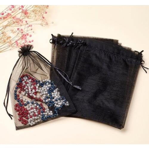 100pcs 12x9cm 15x10mm 18x13mm Organza Bags with Ribbon for Wedding Gifts Candy Christmas Jewelry Packaging Pouches Drawable Bags