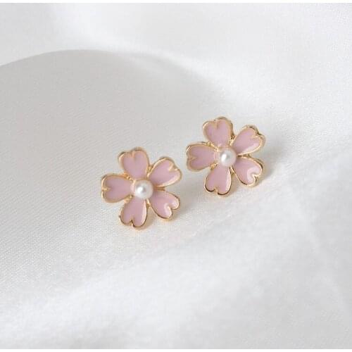 Cute Pink Earrings Flower Imitation Pearl Metal Stud Earrings Small Simple for Women Girls Lady Party Birthday Gift Korean