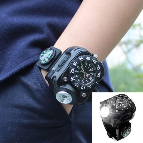 3-in-1 Military Tactical Multifunctional Sports Rechargeable Bright LED Flashlight Compass Wrist Watch Outdoor Survival Tool