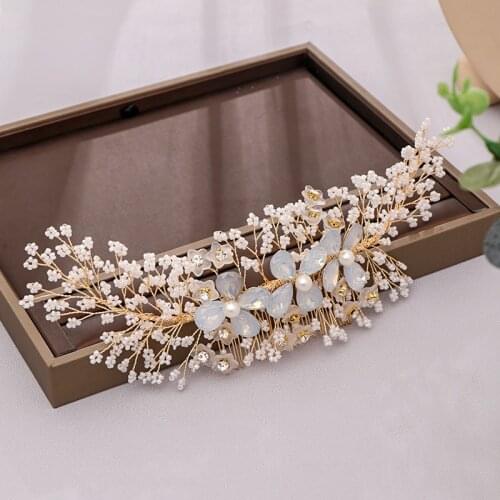 Trendy Gold Rhinestone Flower Crystal Wedding Hair Comb Pearl tiara Bridal Hair Accessories Women Wedding Hair Jewelry Headpiece