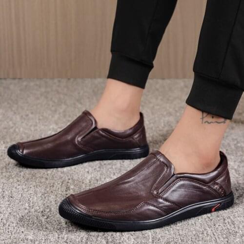 Mens casual leather shoes round toe flat-heel lightweight outdoor shoes leather comfortable simple daily all-match mens shoes