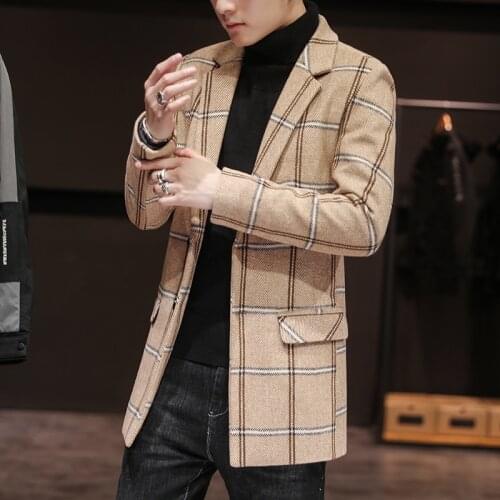 Mens Autumn and Winter Long Slim Woolen Trench Coat 2021 New Mens Fashion Casual Plaid Lapel Thicken Warm Woolen Coat jacket