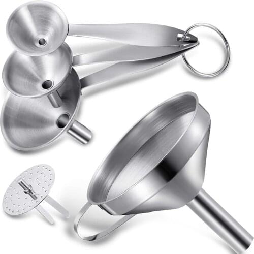 New Stainless Steel Kitchen Funnels Set of 4, Funnels with Metal Long Handle, Funnel with Removable Strainer Filter