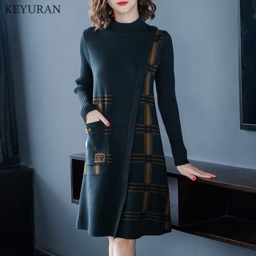2021 Autumn Winter Sweater Dress Women Fashion Plaid Patchwork Plus Size Loose Pollover Knitted Dress Bottoming Vestidos Female
