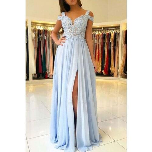 Eye Catching Light Sky Blue Evening Dresses Side Split Chiffon with Applique Beads Sequins ZIpper Back