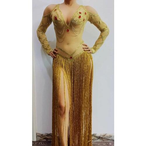 Sexy Autumn Long Dress Female Party Wear Gold Tassel Costume Womens Performance Birthday Celebrate Dresses Evening Clothing