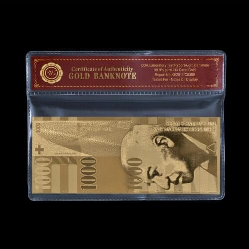 Swiss Golden Bills Newest Pure Gold Banknote in Stock Carved 1000 Franc in Plastic Frame