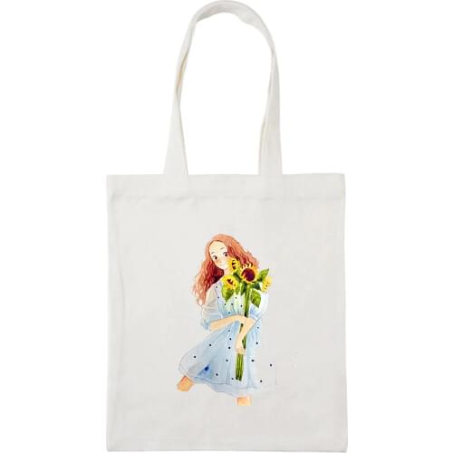 Sunflower Girl Cute Canvas Printed Tote Woman Shopper Shoulder Bags Shopper Type Reusable Folding Fashion Bags Tote Bag Cotton