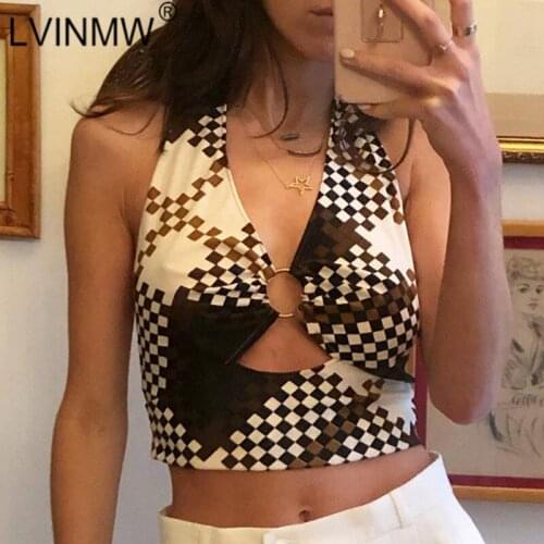 LVINMW V Neck Backless Plaid Hollow Out Slim Chic Tops Lace Up Halter Sleeveless Sexy Cropped Top Mosaic Metal Ring Casual Tank