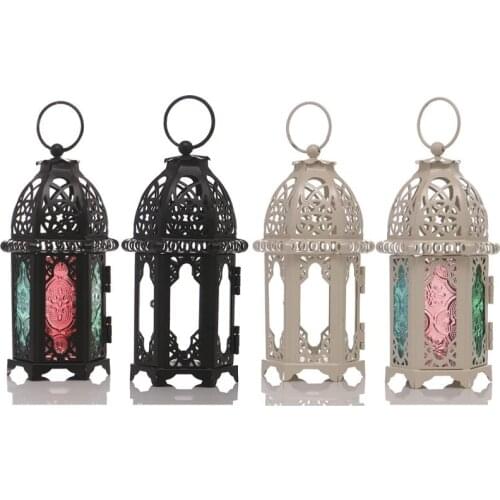 7*17cm Vintage Moroccan Windproof Candle Holders Hanging Candle Lantern Iron Glass Votive Candlestick Wedding Home Decor Party