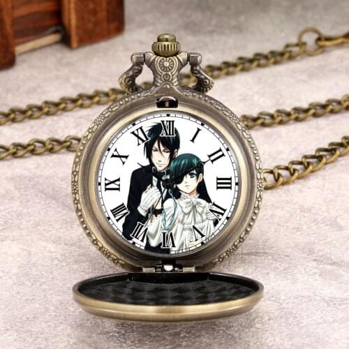 Japanese Anime Black Butler Theme Brass Pocket Chain Watch Quartz Man Roman Dial Fine Cover Durable Pendant Present For Friends