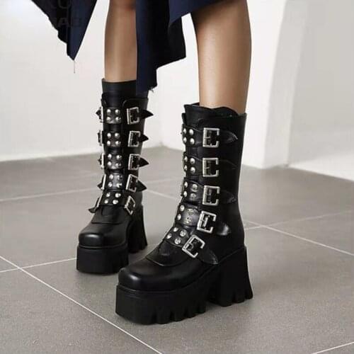 Big Size 43 Brand Design Platform Wedges Goth Black Mid Calf Motorcycle Boots Women Buckle Trendy Cool Punk Zipper Women Shoes