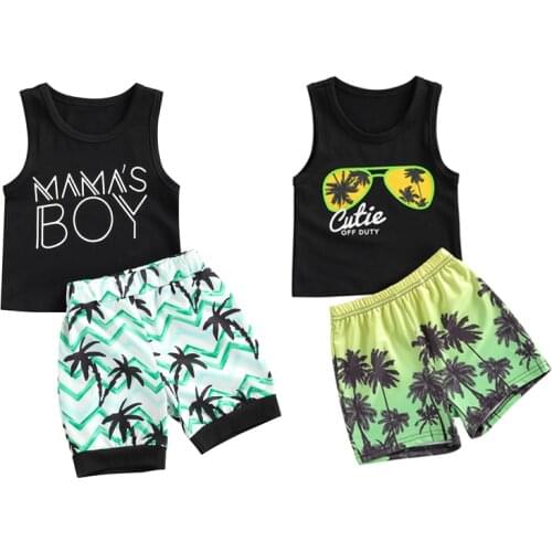 0-4Y Summer Baby Boys Clothes Sets 2pcs Letter Sleeveless Vest Tops Printed Beach Shorts 2 Colors