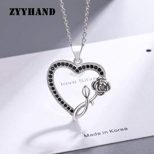 Platinum-Plated Women Heart Rose Necklace Girl Black Zircon Flower Diffuser Cross Chain Lady Pendant Jewelry