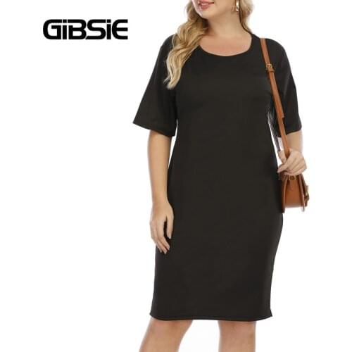 GIBSIE Plus Size Cut Out Back Black T Shirt Dress Women Casual Bodycon Midi Dresses O-Neck Short Sleeve Summer Dress 2021 New