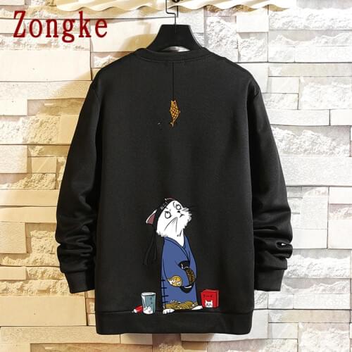 Zongke Japan Style Cat Sweatshirt Men Clothing Japanese Streetwear Mens Clothes Hip Hop Pullover Men Sweatshirts Tops M-5XL 2021