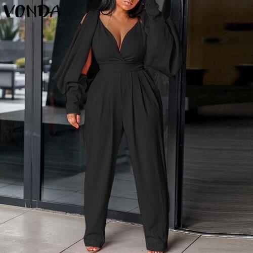 2021 VONDA Women Solid Long Jumpsuits Summer Pleated V Neck Long Sleeve Harem Pants Pantalon Femme Overalls Loose Rompers