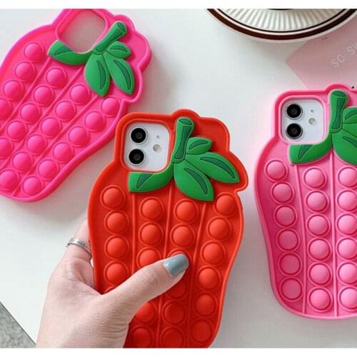 ASINA Fidget Toy Case for iphone11 12 Pro Max Push Pop Bubble Silicone Rubber Phone Case for iPhone 7 8 Plus X XS Max Strawberry