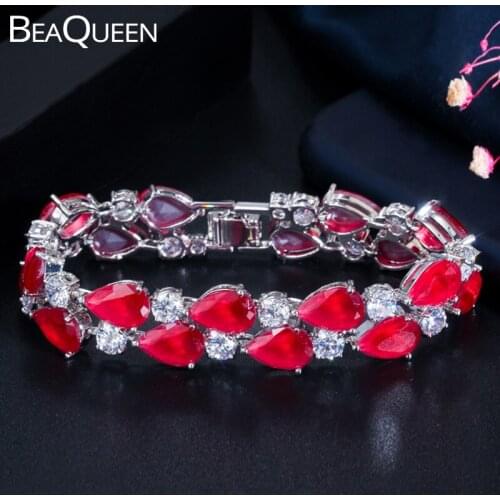 BeaQueen Stunning 2 Rows Dark Rose Red Cubic Zirconia Water Drop Stone Big Wide Bangle Bracelet for Women Accessories 2020 B199