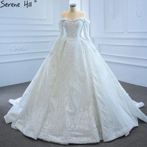 White Off Shoulder Sparkle Wedding Dresses for Women Luxury Long Sleeves Lace Up Bridal Gown 2021 BHM67222 Serene Hill