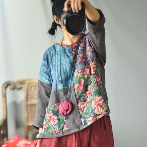 FairyNatural 2021 Autumn Spring Print Shirts Loose Casual O Neck Plate Buckle Chinese Style Ladies Cotton Linen Vintage Tops