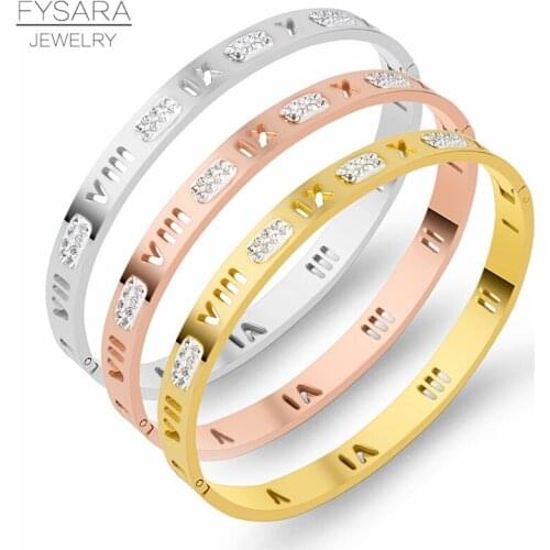 FYSARA Hollow Roman Numeral Bracelet AAA Crystals Bangle For Women Couple Jewelry Stainless Steel Gold Pulseiras Dropshipping