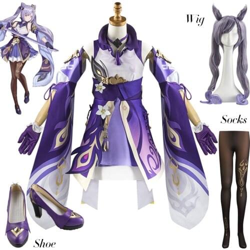 Game Genshin Impact Women Keqing Cosplay Halloween Purple Ke Qing Costume Impact Genshin Keqing Ponytails Mixed Wig Shoes