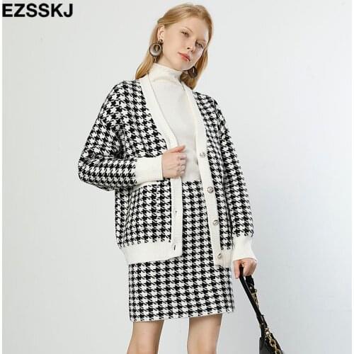 White black thick Houndstooth sweater cardigans jacket ladies new women thick sweater coat v-neck cardigan jacket coat outwear