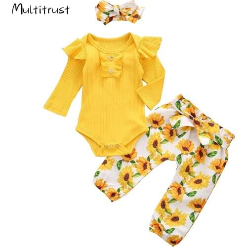 Newborn Baby Girls Outfit Set Long Sleeve Bodysuit+Sunflower Print Pants+Headband 3pcs Set