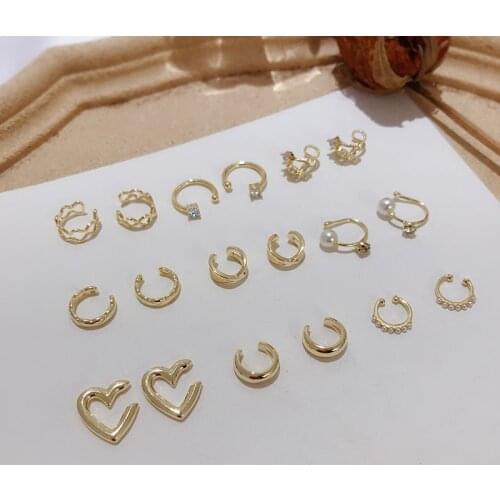 Korean Chic Delicate Ladies Gold Plated Ear Cuffs Geometric Circle Heart Crystal Pearl Twisted No Piercing Clip On Earrings