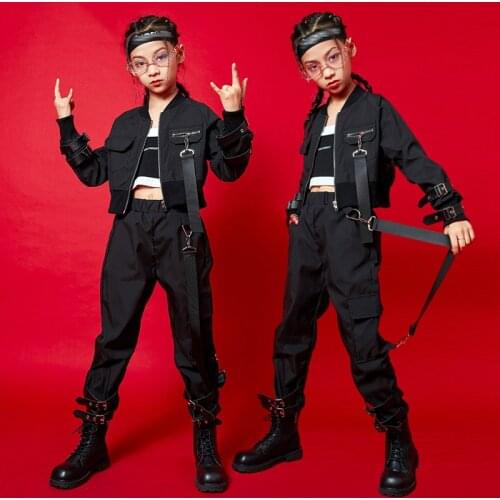 Jazz Costumes For Girls Black Hip Hop Clothing Suit Cool Jacket Pants Modern Ballroom Children Stage Wear Rave Clothes DNV14396