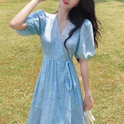Summer Retro Long Dress Women Split V-neck Lace Up Dress Women