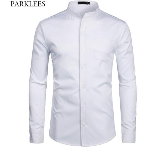 Mens Hipster Mandarin Collar Dress Shirts 2019 Brand New Slim Fit Long Sleeve Chemise Casual Work Busienss Shirt Male White 2XL