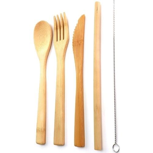 6pcs/set Bamboo Cutlery Set Wooden Dinnerware Set Knife Spoon Fork Straw Chopstick Cloth Bag Kitchen Cooking Tools Travel