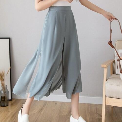 New Summer Chiffon False Two Wide Leg Pants Loose Plus Size Nine Pants Fashionable Casua Women Culotte Girls Fashionable Pants