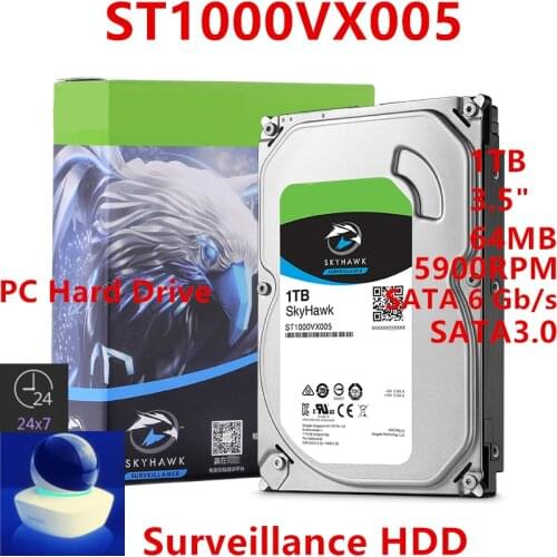 New HDD For Seagate Brand Skyhawk 1TB 3.5" SATA 6 Gb/s 64MB 5900RPM For Internal Hard Disk For Surveillance HDD For ST1000VX005