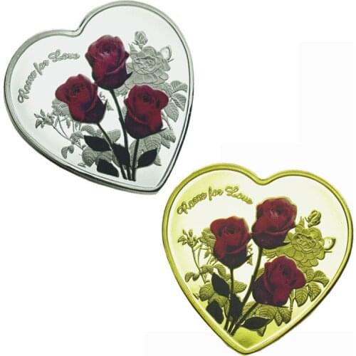 1Pcs Fashion Silver and gold Heart Red Rose Shape Love Commemorative Coins Wedding Decoration Valentine Gift Tourist Souvenir