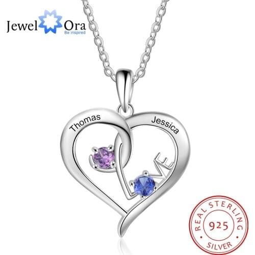 JewelOra 925 Sterling Silver Personalized Heart Necklace with Birthstone"LOVE" Custom Name Engraved Pendant S925 Mothers Gifts