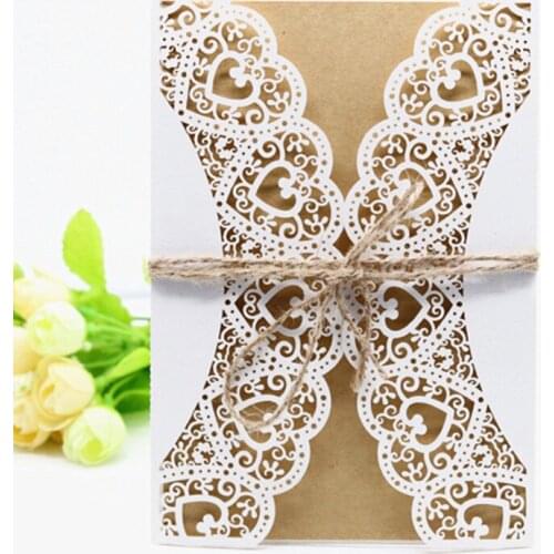 Heart invitation greeting card white laser hollow rustic wedding card envelop personalized printing free ship