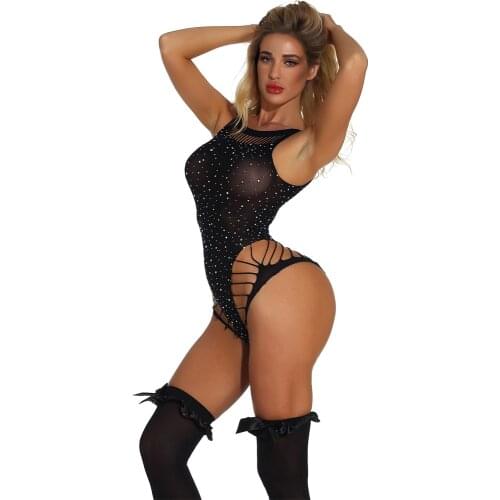 Transparent Mesh Lace Sleeveless Teddy Bodysuit Women Sparkle Rhinestone Babydoll-Dress One Piece Hollow Out Lingerie Nightwear