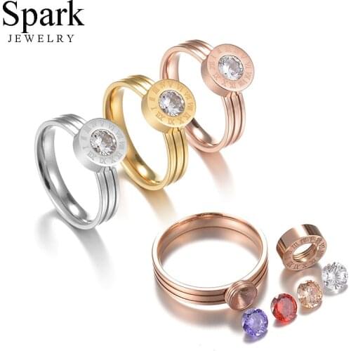 SPARK Luxury Jewelry Engraving Numberal CZ Stone Ring Stainless Steel Exchangeble Crystal Ring Women Engagement Gift Bijoux