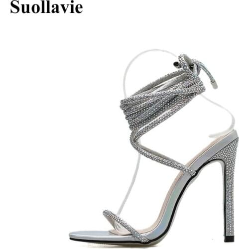 Suollavie sandals women summer band strap lace up ladies high heels hot Thin Belt Solid female slides sandals rome Zapatos Mujer