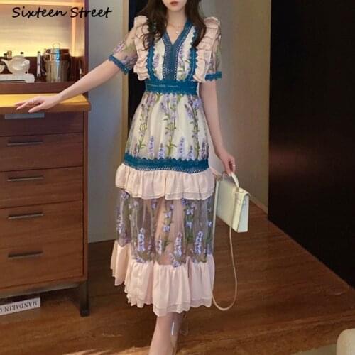 Vintage Embroidery Dress Woman Summer V-neck High Waist Maxi Dresses Woman Vestido Elegant Green Lace Ruffles Party Dress Female