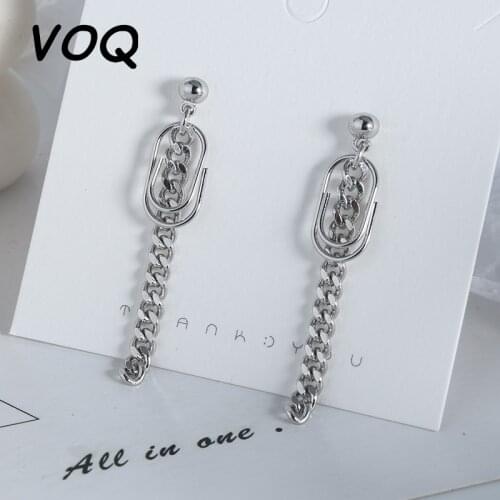 VOQ 925 Sterling Silver Ladies Paper Clip Chain Earrings Ladies New Exquisite Long Chain Earrings Jewelry Gift