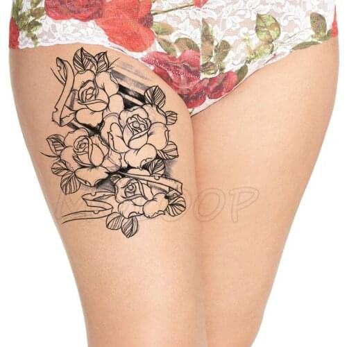 Temporary Tattoo Stickers Black Sexy Rose Bud Flower Fake Tatto Waterproof Tatoo Back Leg Arm Belly Big Size for Women Man Girl